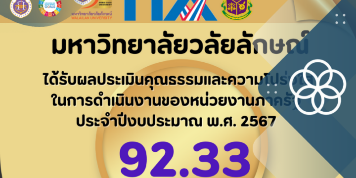 Walailak University Achieves a Score of 92.33 in the 2024 Integrity and Transparency Assessment (ITA) of Government Agencies